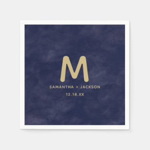 Simple Navy Watercolor & Gold Wedding Monogram Napkin