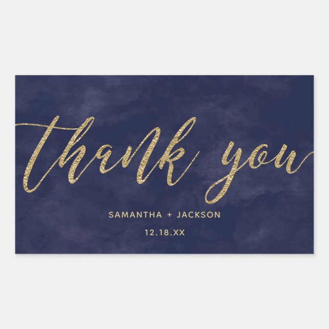 Simple Navy Watercolor & Gold Wedding Thank You Rectangular Sticker (Front)