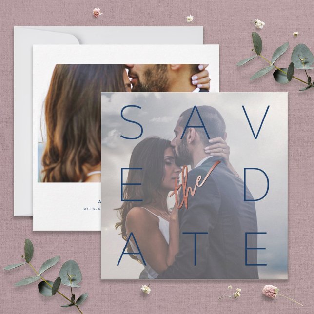 Simple Navy White 2 Photo Rose Gold Square Wedding Save The Date (Creator Uploaded)