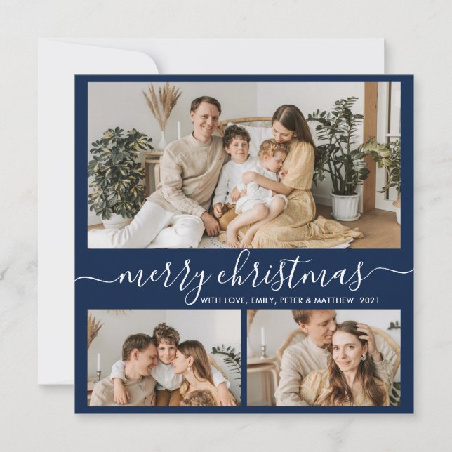 Simple Navy White 3 Photo Collage Christmas Holiday Card (Front)