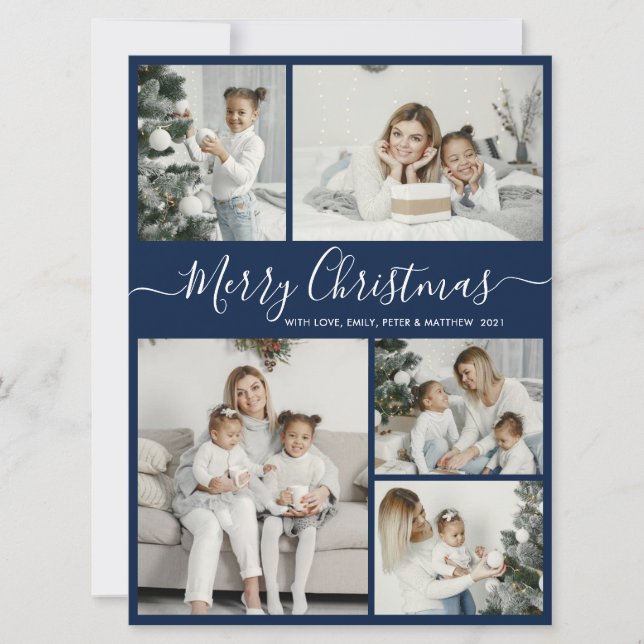 Simple Navy White 5 Photo Collage Christmas Holiday Card (Front)
