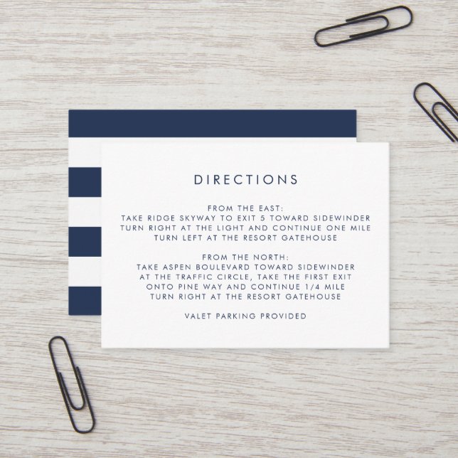 Simple Navy & White Direction Cards (Front/Back In Situ)