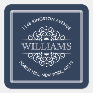 Simple Navy & White Ornate Custom Return Address Square Sticker