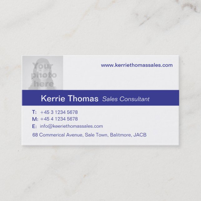 Simple navy & white photo blue back business card (Front)