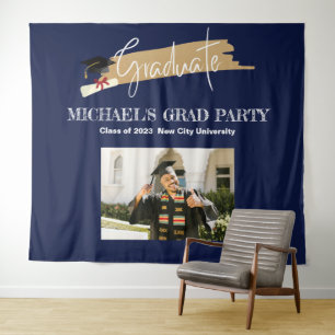 Simple NavyBlue Graduation Photo Booth Backdrop Tapestry