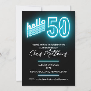 Simple Neon Blue 50th Birthday Invitation
