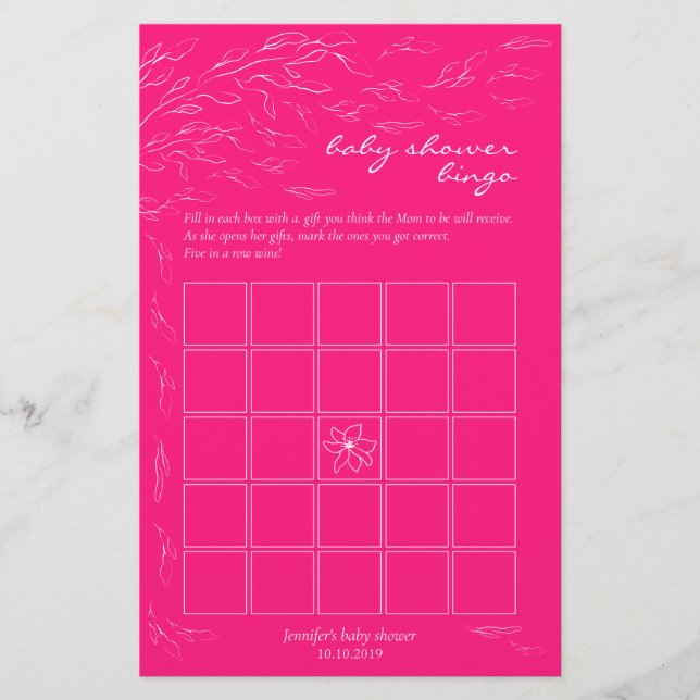 Simple neon pink party fun Bingo Game Idea (Front)