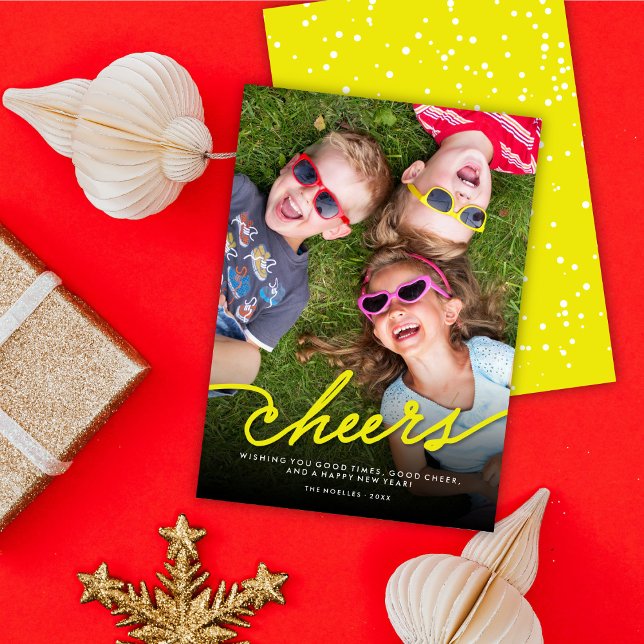 Simple Neon Yellow Cheers Calligraphy Script Photo Holiday Card (Creator Uploaded)