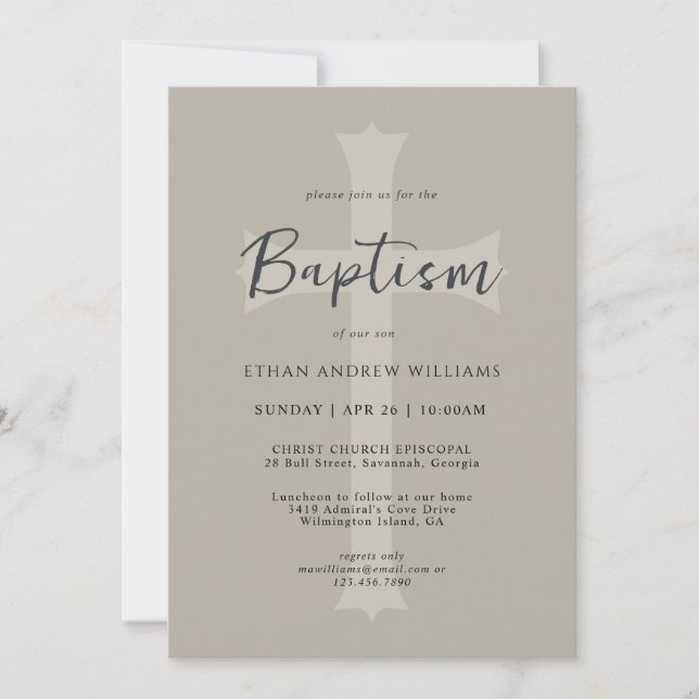 Simple Neutral Beige Cross Baby Baptism with Photo Invitation (Front)
