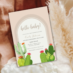 Simple Neutral Boho Cactus Arch Hello Baby Shower Invitation