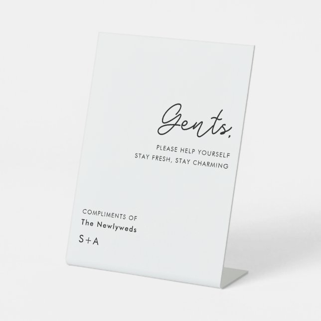 Simple Neutral Gentlemen Wedding Bathroom Basket Pedestal Sign (Front)