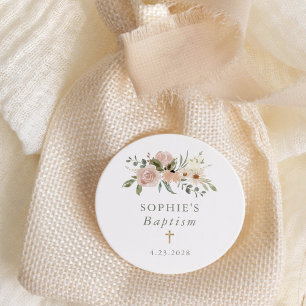 Simple Neutral Watercolor Flowers   Baptism Classic Round Sticker