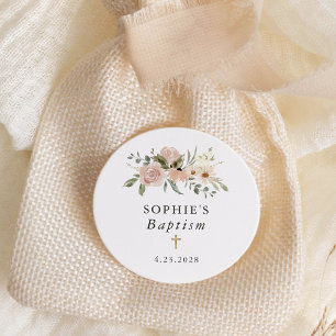 Simple Neutral Watercolor Flowers Baptism Classic Round Sticker