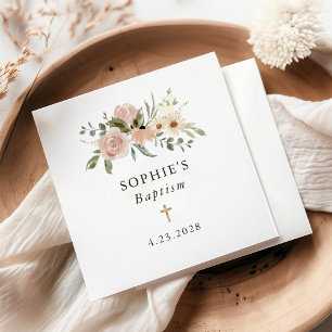 Simple Neutral Watercolor Flowers   Baptism Napkin