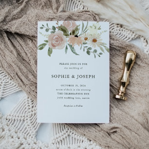 Simple Neutral Watercolor Flowers White Wedding Invitation