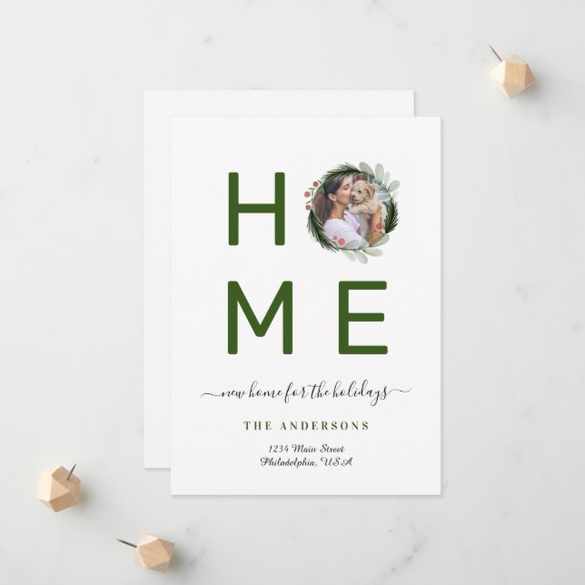 Simple New HOME for Holidays Wreath Photo Moving Announcement (Front/Back In Situ)