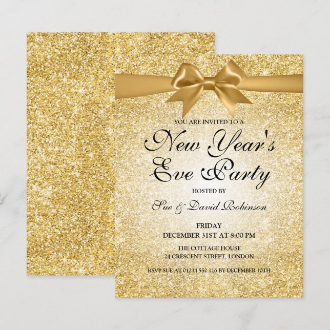 Simple New Year's Eve Party Gold Glitter Invitation (Front/Back)