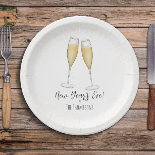 Simple New Years Party Champagne Watercolor Gold Paper Plate
