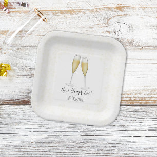 Simple New Years Party Champagne Watercolor Gold Paper Plate