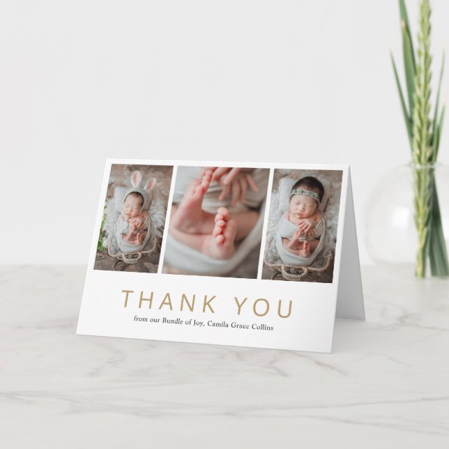 Simple Newborn Photo Collage Gold Baby Shower Thank You Card (Front)