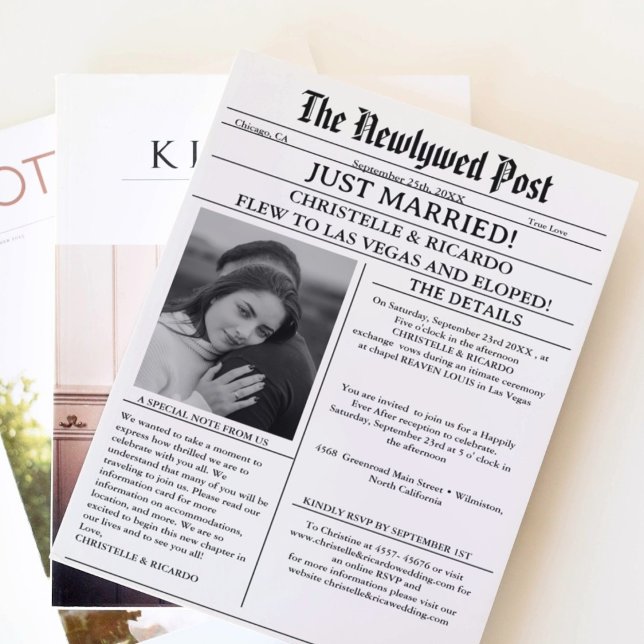 Simple newspaper elopement just married  invitation (Creator Uploaded)