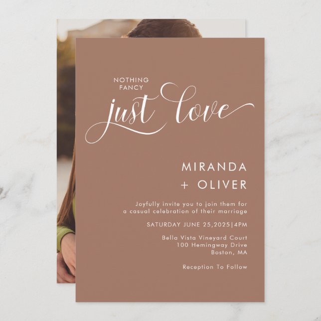 Simple Nothing Fancy Just Love Photo Mocha Wedding Invitation (Front/Back)