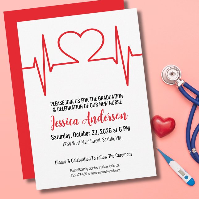Simple Nursing Medical School Gradutation Invitation (Red Heart Beat Nursing Medical Invitation)