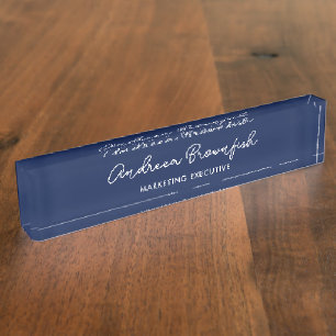 Simple Office Navy Blue And White Script Job Title Nameplate