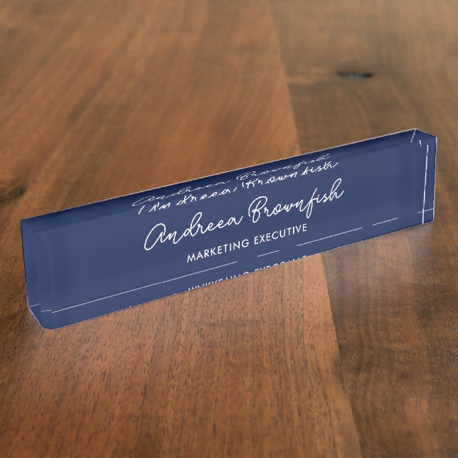 Simple Office Navy Blue And White Script Job Title Nameplate (Side)