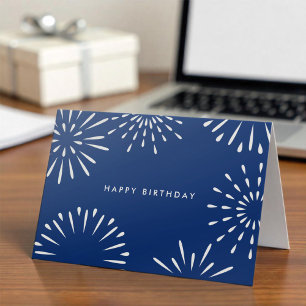 Simple Office Navy Blue White Fireworks Birthday Card
