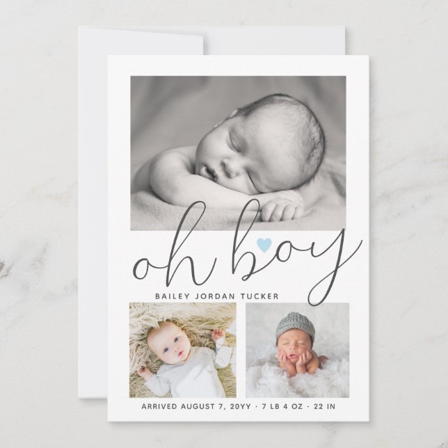 Simple Oh Boy Blue Heart Collage Photo Birth Announcement (Front)