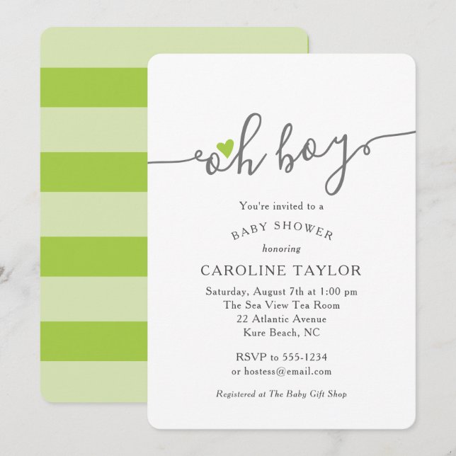 Simple Oh Boy Lime Green Baby Shower Invitation (Front/Back)