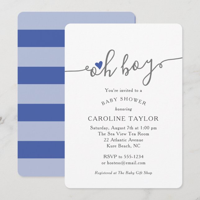 Simple Oh Boy Navy Blue Baby Shower Invitation (Front/Back)