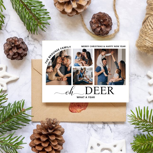 Simple Oh Deer What a Year Photo Collage Christmas Card (oh deer what a year christmas cards photo collage modern reindeer humor)