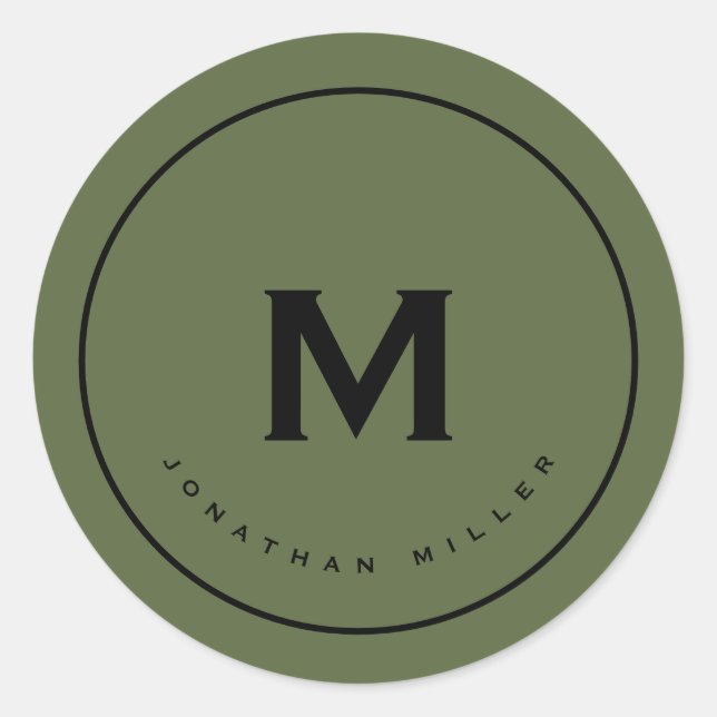 Simple Olive Black Classic Monogram Classic Round Sticker (Front)