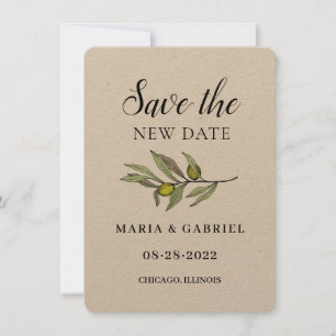 Simple Olive Branch. Rustic kraft Wedding Change Save The Date