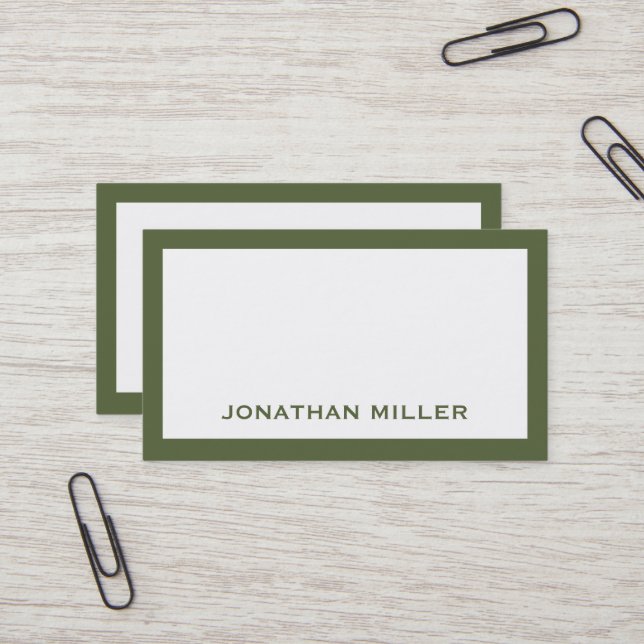 Simple Olive Green and White Typographic Business Card (Front/Back In Situ)