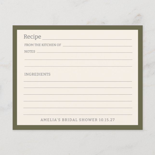 Simple Olive Green Border Personalised Recipe Card (Front)