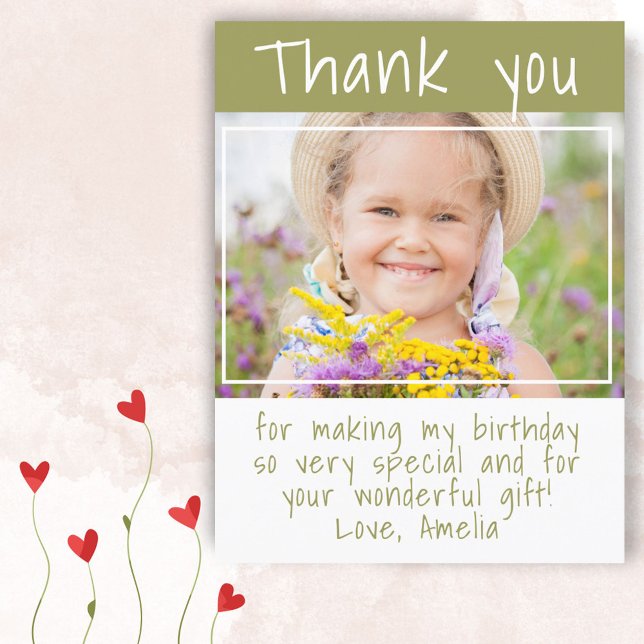 Simple Olive Green Girl Photo Birthday Thank you Postcard (Creator Uploaded)