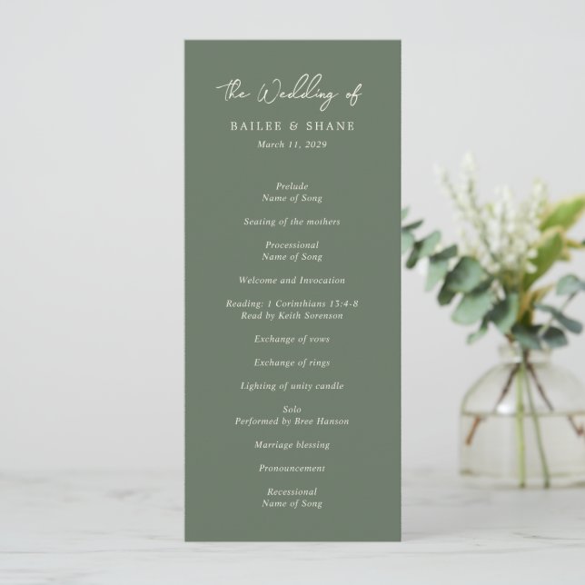 Simple Olive Green Modern Wedding Programme (Standing Front)