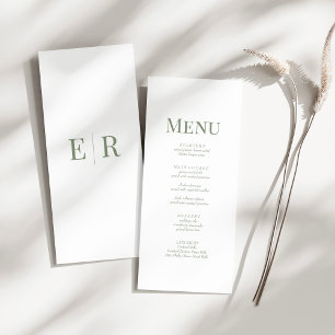 Simple Olive Green Monogram Wedding Menu Card