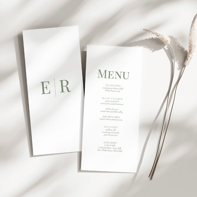 Simple Olive Green Monogram Wedding Menu Card (Simple Olive Green Monogram Wedding Menu Card on a sunny white table.)