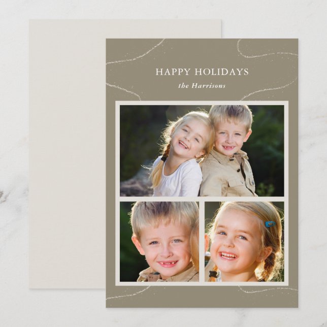 Simple Olive Green Multi Photo Collage Christmas Holiday Card (Front/Back)