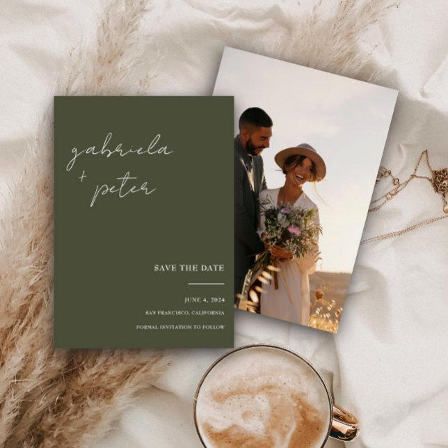 Simple Olive Green Photo Wedding Save The Date Invitation (Creator Uploaded)