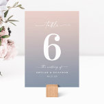 Simple Ombre Blush Pink & Dusty Blue Wedding Table Number<br><div class="desc">Simple Ombre Blush Pink & Dusty Blue Wedding Reception Dinner Table Numbers. This modern chic Table Card is simple classic and elegant with a subtle ombre gradient fade and a pretty signature script calligraphy font with tails. Shown in the new Colorway. Available in several colour options, or feel free to...</div>