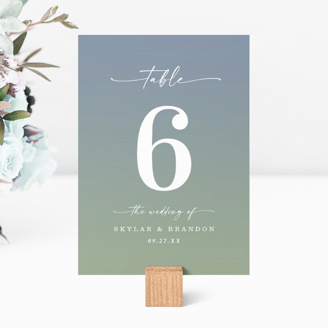 Simple Ombre Dusty Blue & Leaf Green Wedding Table Number (Creator Uploaded)