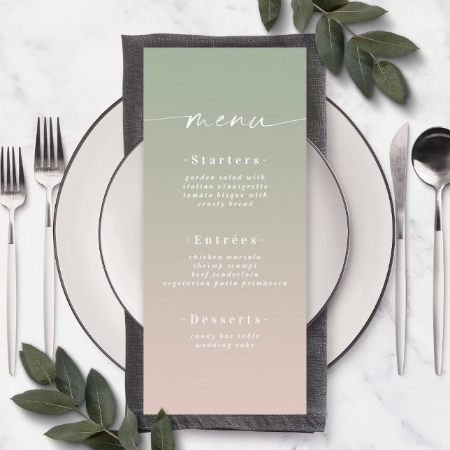 Simple Ombre Leaf Green & Light Pink Wedding Menu (Creator Uploaded)