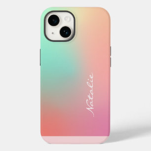 Simple Ombre Pink Teal Aqua Calligraphy Name iPhone 14 Case