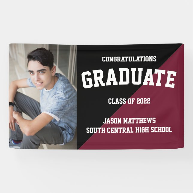 Simple One Photo Black Burgundy 2022 Graduation Banner (Horizontal)