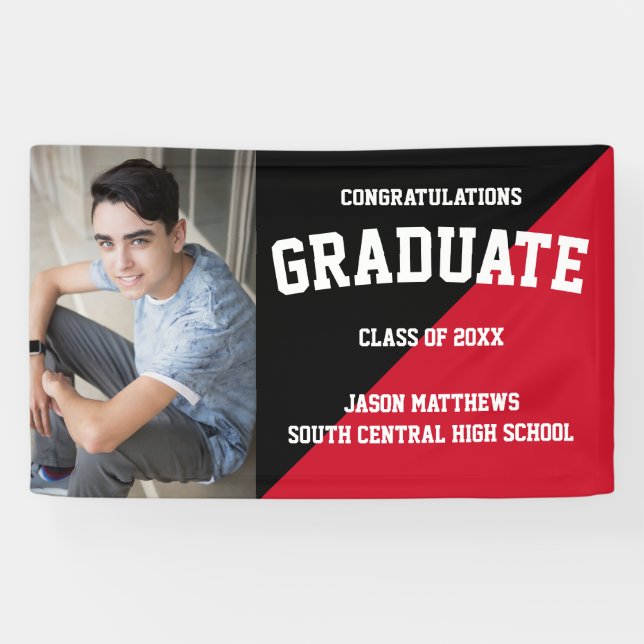 Simple One Photo Black Red Graduation Banner (Horizontal)